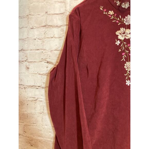 Susan Graver Top Womens 2X Maroon Red Floral Embroidered Front Zip Microsuede - Picture 5 of 13